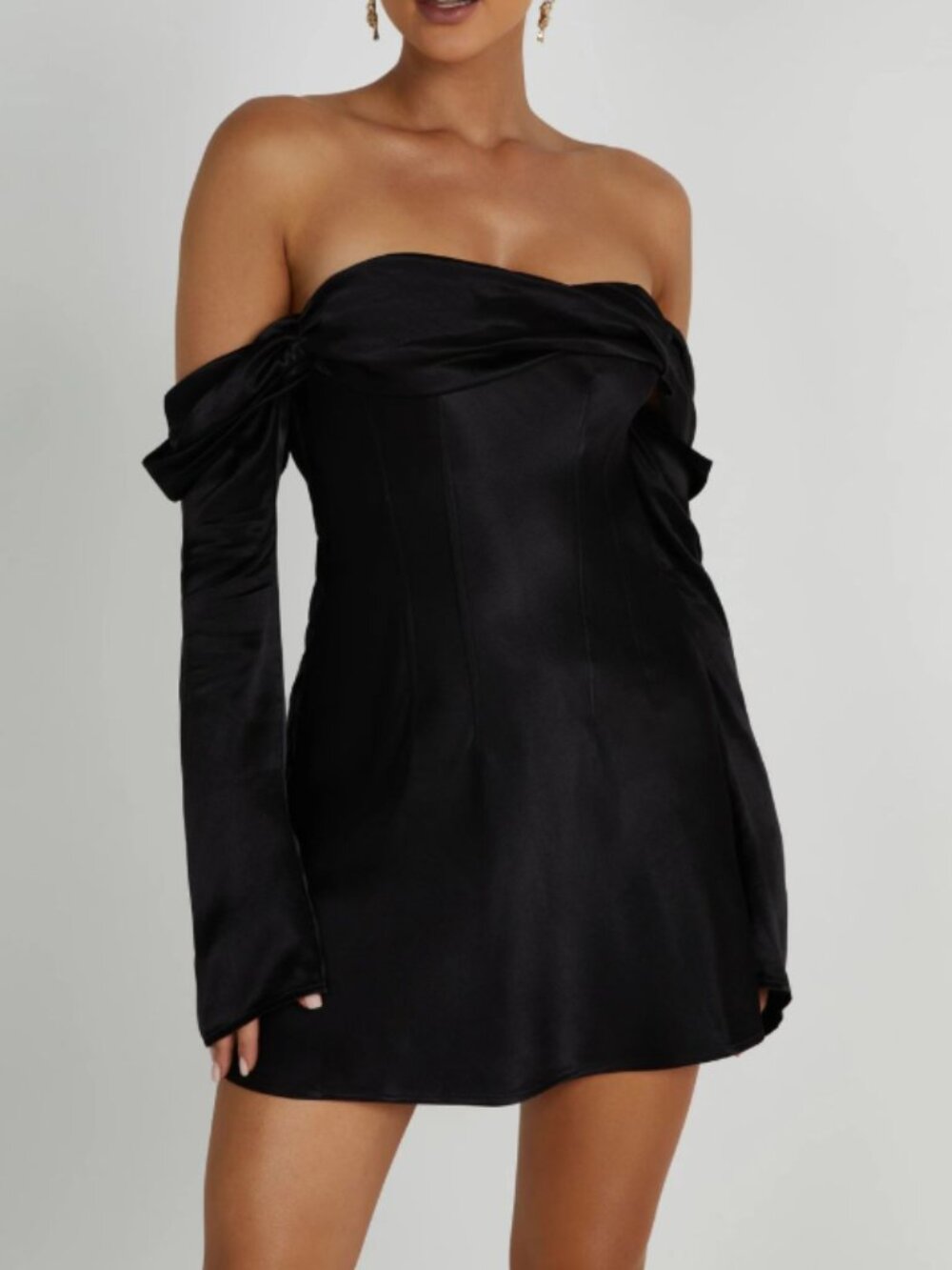 MESHKI “Giselle” Off-Shoulder Satin Mini Dress – Black (XL) - BRAND NEW